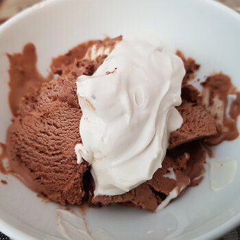 Vegan double chocolate ice cream with vegan 'whipped' cream