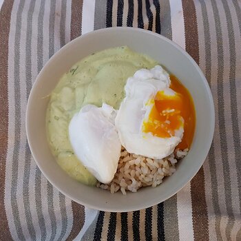 Avocado and coconut soup with poached eggs