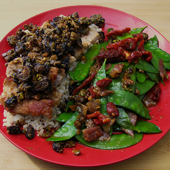 Rice Bedded Pork with Pistachio Blanket and Pistachio Honied Snow Peas