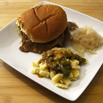 Steak with Onions, Peppers and Cheese Gravy Sandwich