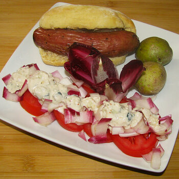 Bratwurst Sandwich with Potatoes and Endive Tomato Salad