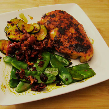 Peach Achiote Rubbed Chicken with Snow Peas and Zucchini