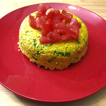 Breakfast Polenta with Prosciutto, Snow Peas, Scallions and Tomato