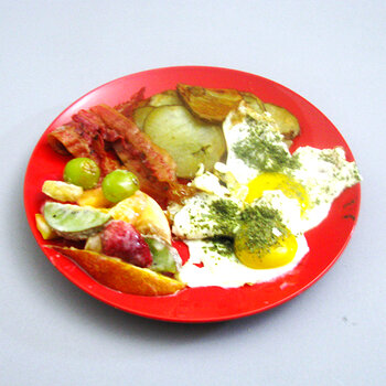 Eggs Bacon Potatoes and Creamy Fruit Salad