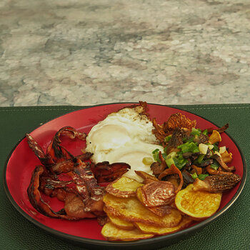 Bacon, Eggs, Potatoes and Fancy Mushrooms