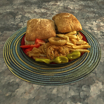 Lamburgers with FrenchFries and Onion Rings