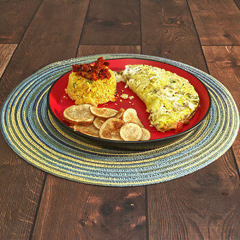 Omelette with Fried Potatoes and Honey Polenta Cake