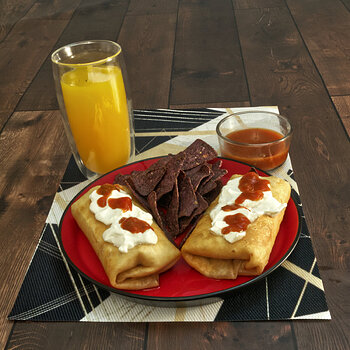 Breakfast Chimichangas with Blue Corn Chips and Orange Juice