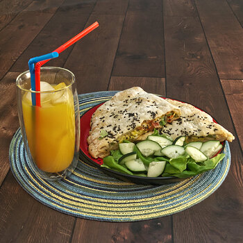 Breakfast Calzone with Cucumber Salad and Orange Juice