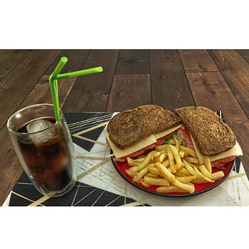 Cold Cuts Sandwiches on Dark Rye with French Fries and Iced Coca Cola