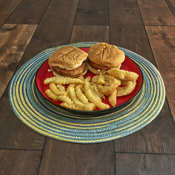 Chicken Patty Sandwiches with Onion Rings and French Fries