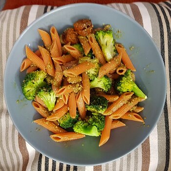 Red Lentil Pasta, broccoli, tofurky sausage and vegan pesto