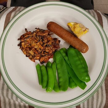 Wild Mushroom Biegnet, tofurky sausage, peas and sugar snaps with vegan egg-less Vietnamese egg loaf