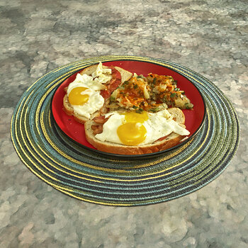 Bacon and Eggs on Russian Rye Bread with Hash Brown Potatoes