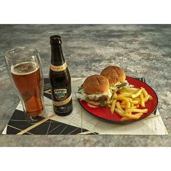 Lamburgers, French Fries and Oktoberfest Märzen Bier