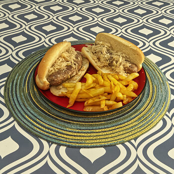 Bratwurst Sandwiches and French Fries