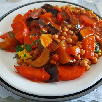 Moroccan vegetable hot pot with Israelian toasted cous cous