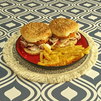 Breaded Chicken Patty Sandwiches with Cheesy French Fries