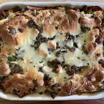 Breakfast Strata with Sausage, Mushrooms, and Monterey Jack Cheese