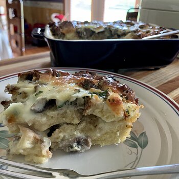 Breakfast Strata with Sausage, Mushrooms, and Monterey Jack Cheese