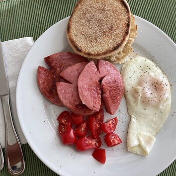 John Taylor's Pork Roll, Fried Egg, toasted English Muffin and diced mini San Marzano Tomatoes