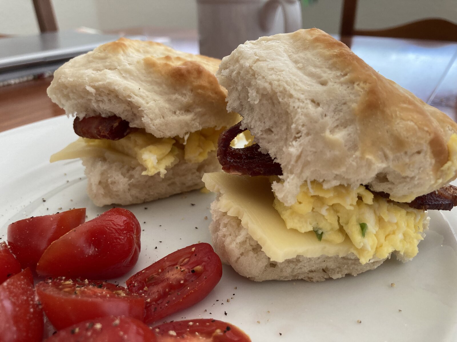 American-Style Biscuits stuffed with Bacon, Cheese and Scrambled Eggs