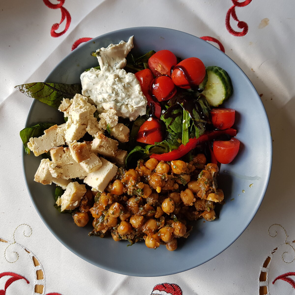 Assembled: Chickpea Salad with mixed leaves