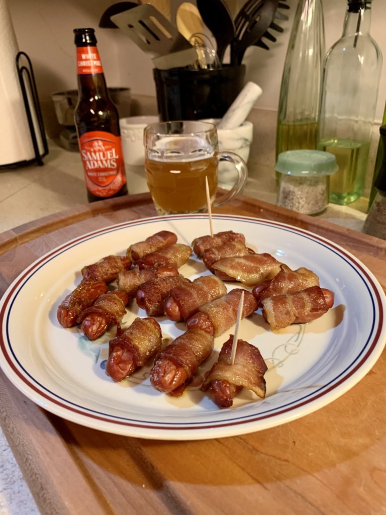 Bacon-Wrapped Sausages Brushed In Maple-Sugar Glaze
