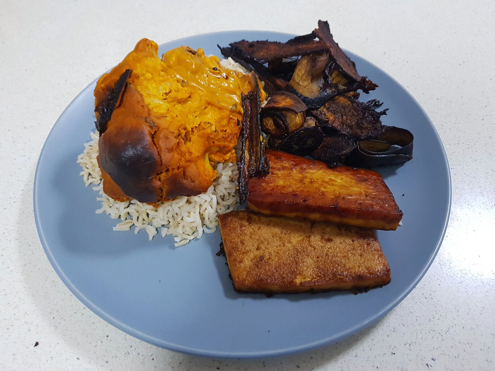 Baked Cauliflower with Brown Basmati Rice and Aubergine 'Bacon'