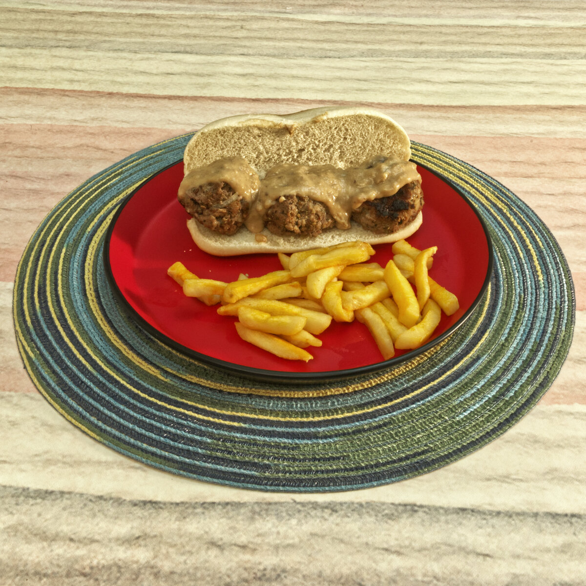 Beef and Pork Meatball Sandwich with French Fries