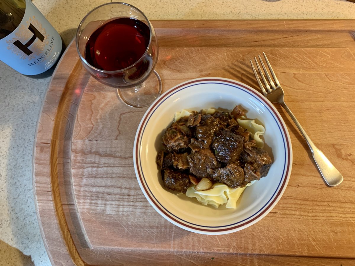 Beef Burgundy Over Buttered Noodles