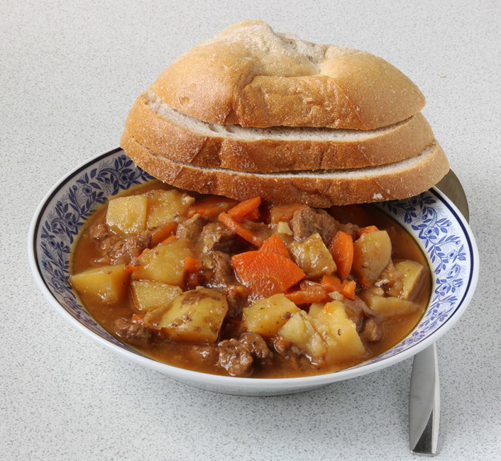 Beef stew with dipping bread.