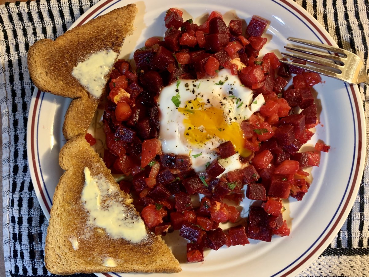 Beet-And-Turnip Hash With Runny Egg