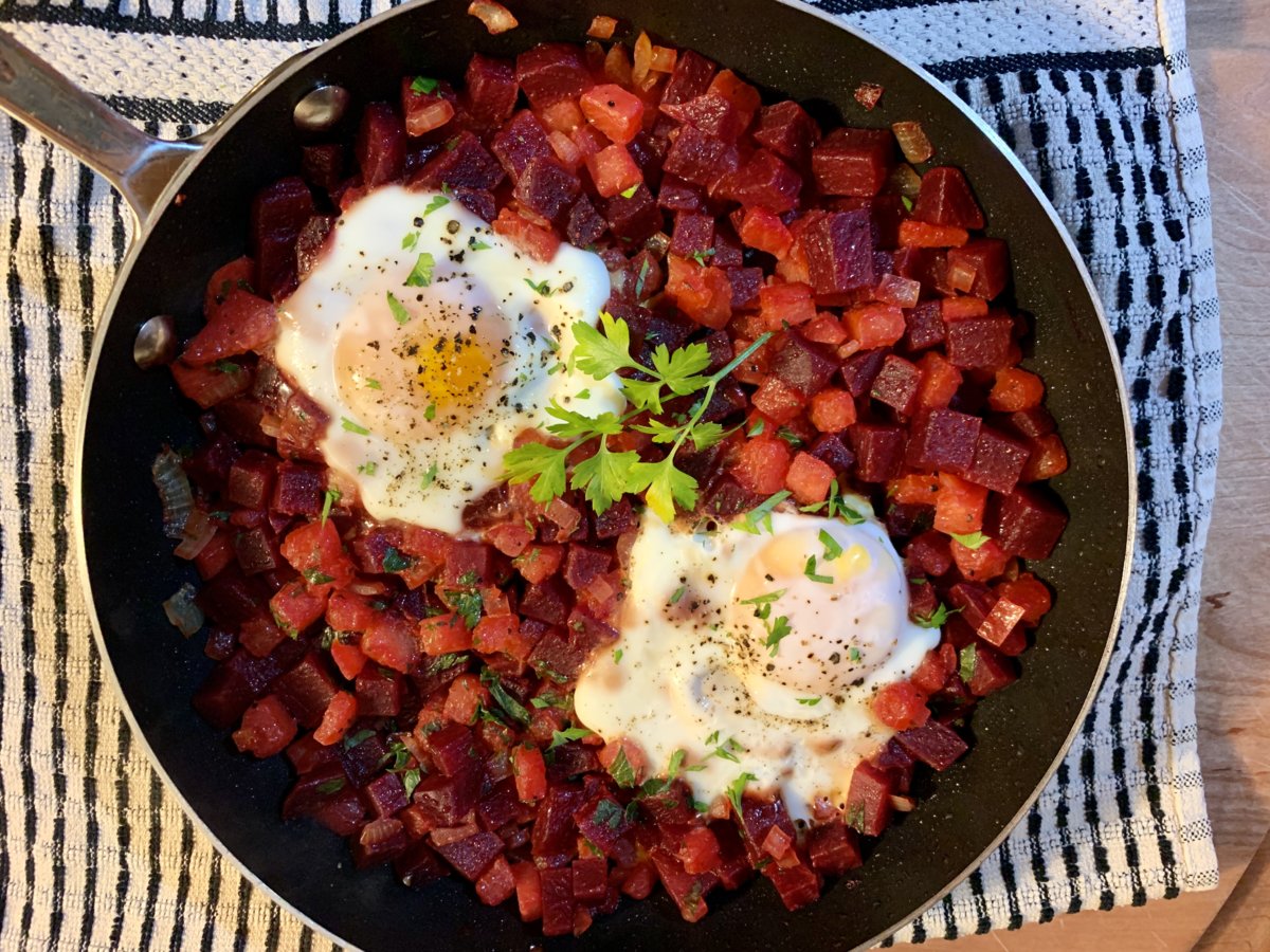Beet-And-Turnip Hash With Runny Eggs
