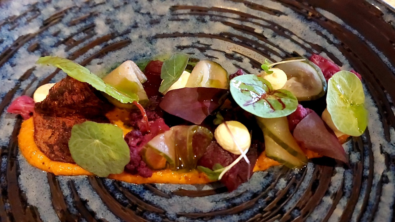 Beetroot Pastrami - Romesco, Macadamia feta, Nasturtium, Pickles