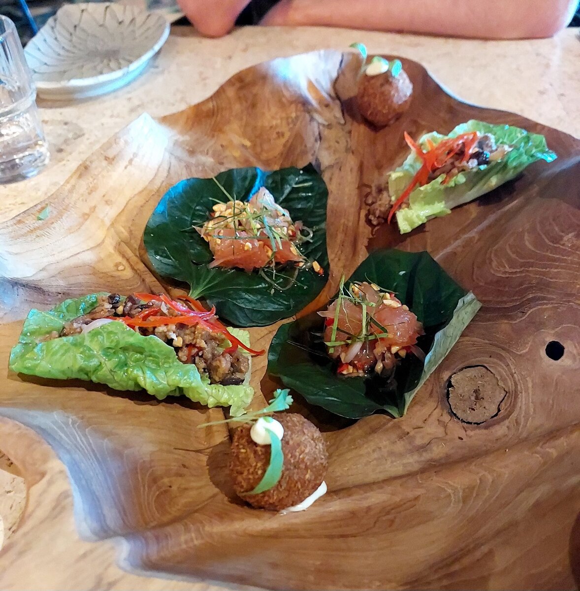 Bloom Providore Mince Croquettes, Pomelo Miang Kam, San Choy Bow in Baby Gem Lettuce Cups