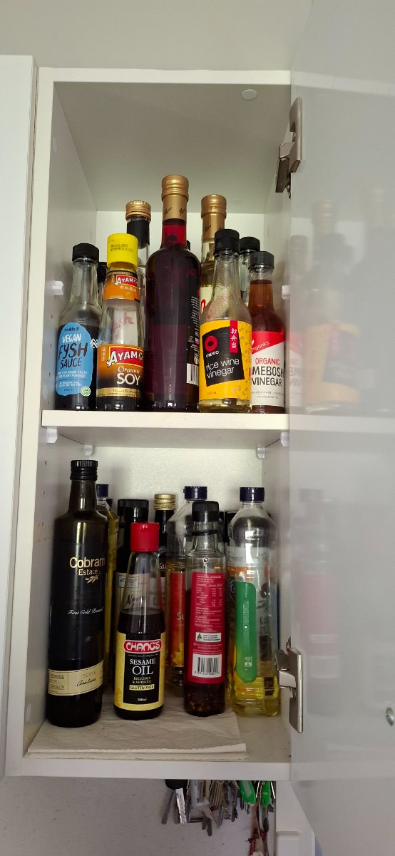 bottles of oils and sauces