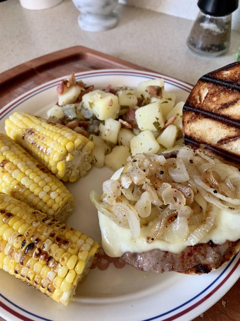 Bratwurst Burger, German Potato Salad, Corn-On-The-Cob