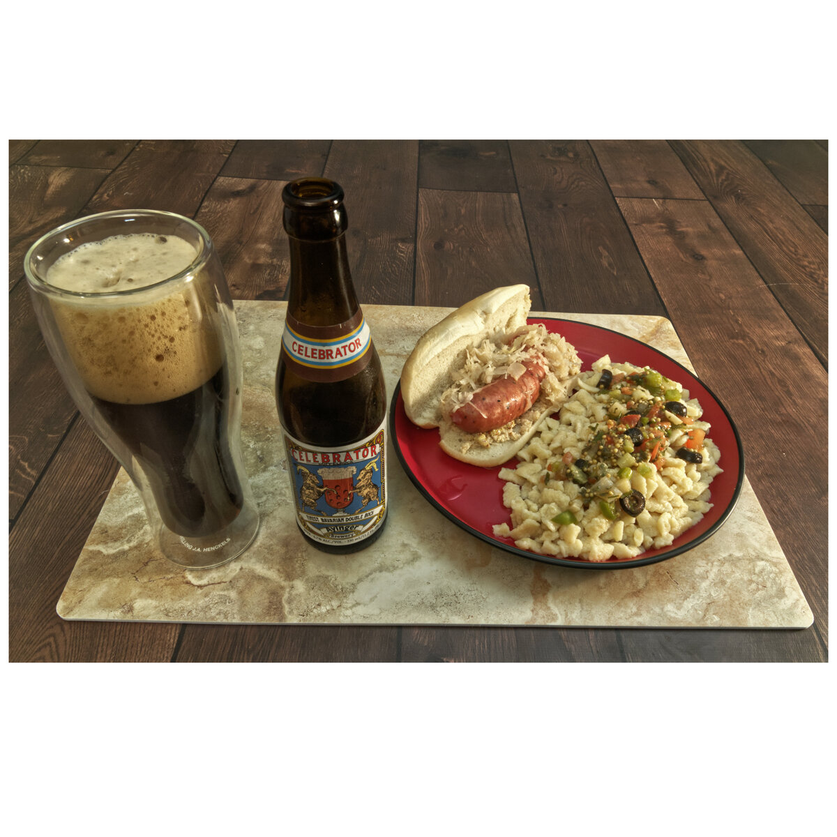 Bratwurst Sandwich with Spaetzle and a Doppel Bock Bier