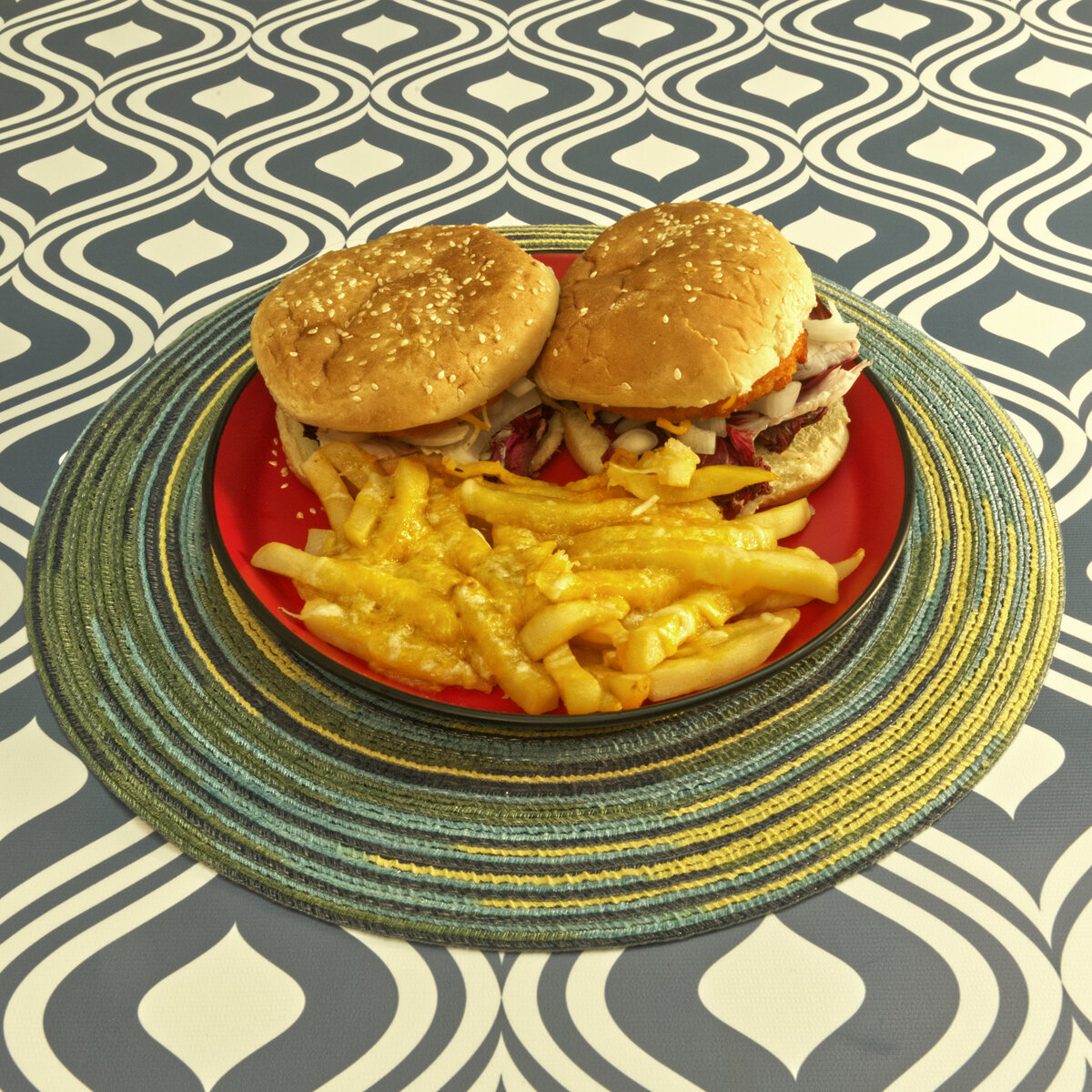 Breaded Chicken Patty Sandwiches with Cheesy French Fries