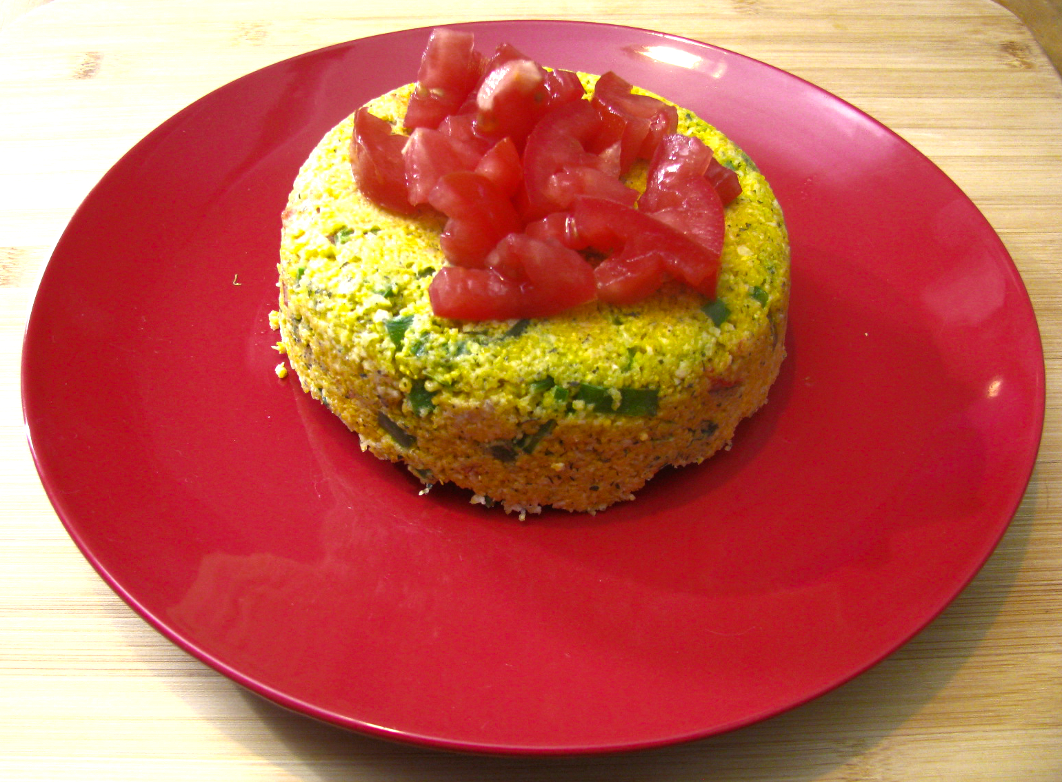 Breakfast Polenta with Prosciutto, Snow Peas, Scallions and Tomato