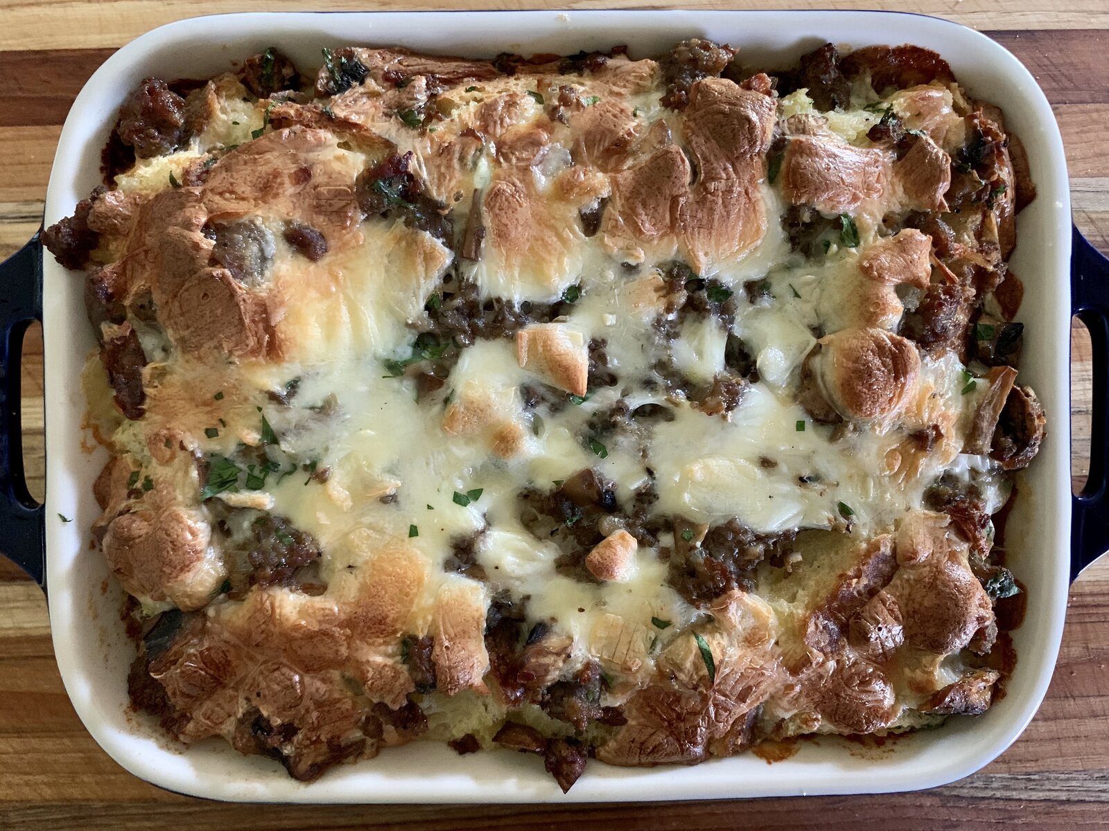 Breakfast Strata with Sausage, Mushrooms, and Monterey Jack Cheese