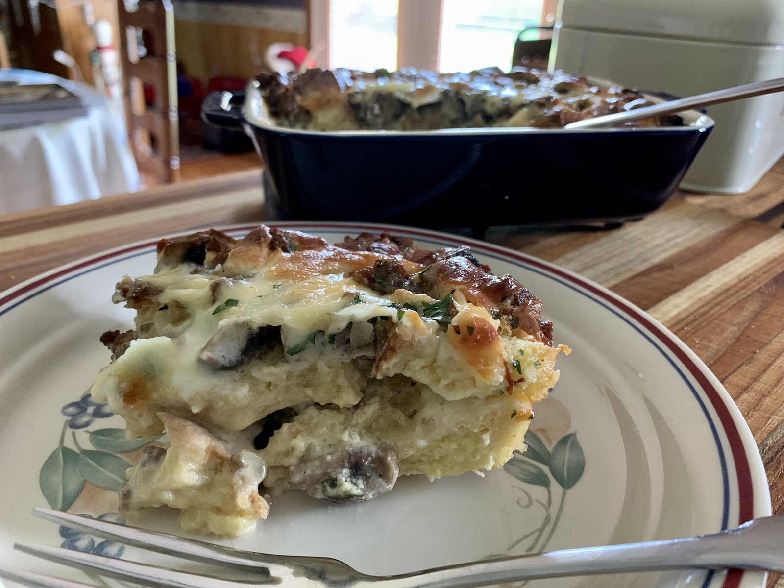 Breakfast Strata with Sausage, Mushrooms, and Monterey Jack Cheese