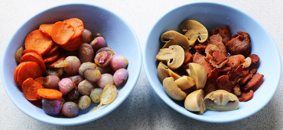 Carrots, shallots, mushrooms and bacon