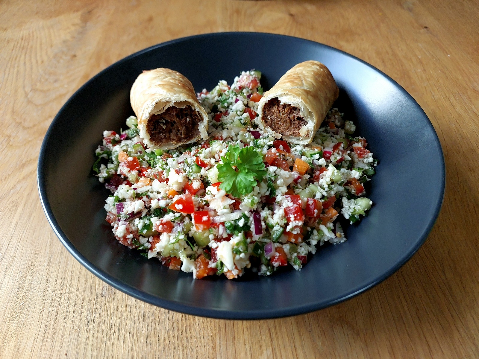 Cauliflower Rice Tabbouleh & Vegan Chickpea Sausage Rolls