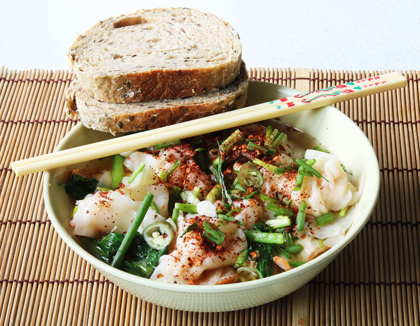 Char siu noodles with prawn wontons and bread.