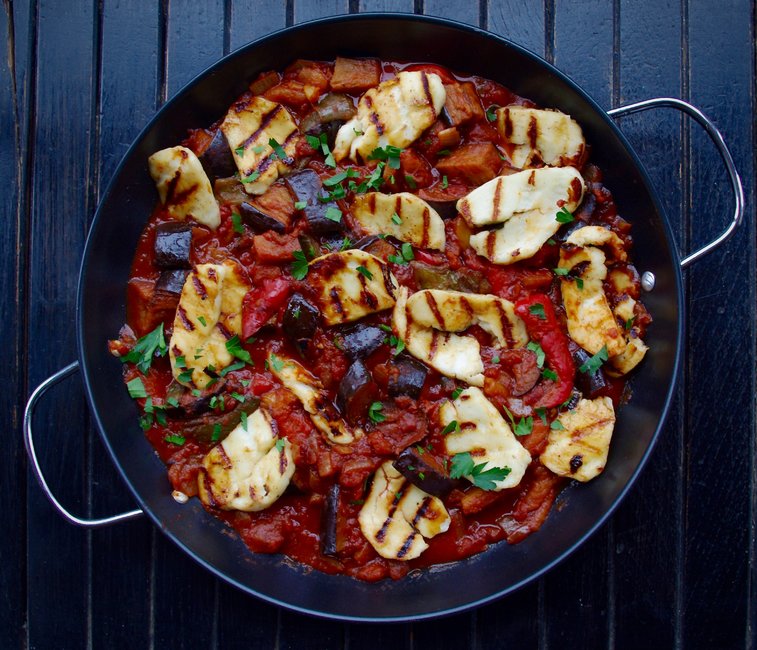 Charred Haloumi, Pepper and Aubergine Stew