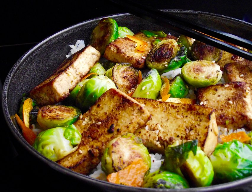 Charred tofu and Brussels Sprouts with Ginger and Tangerine
