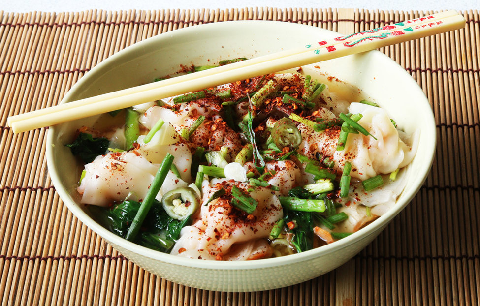 Charsiu noodles with prawn wontons.