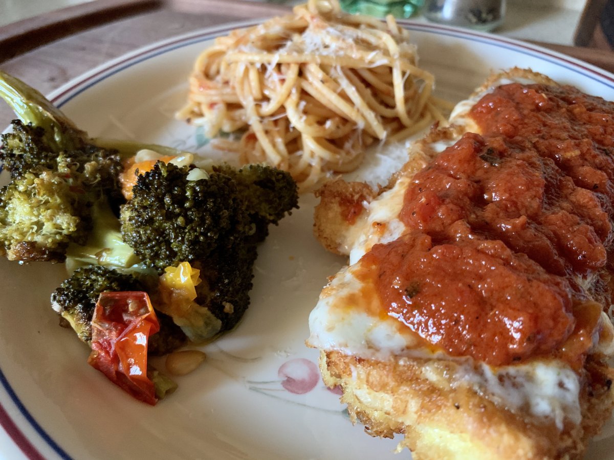 Chicken Parm, Spaghetti, Roasted Broccoli